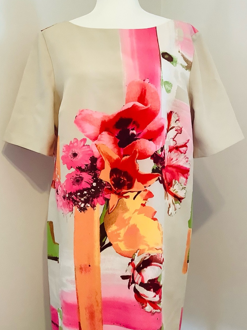 NEW..Julian Taylor New York Floral Paint-Stripe Shift Dress Back Peekaboo Sz.14